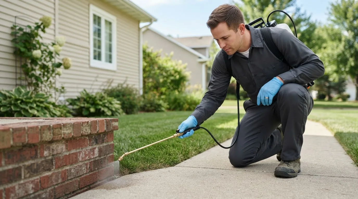 Pest control technician treating a home near Farmersville, CA