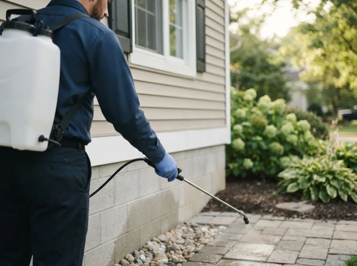 Pest control technician inspecting a home in Farmersville, CA